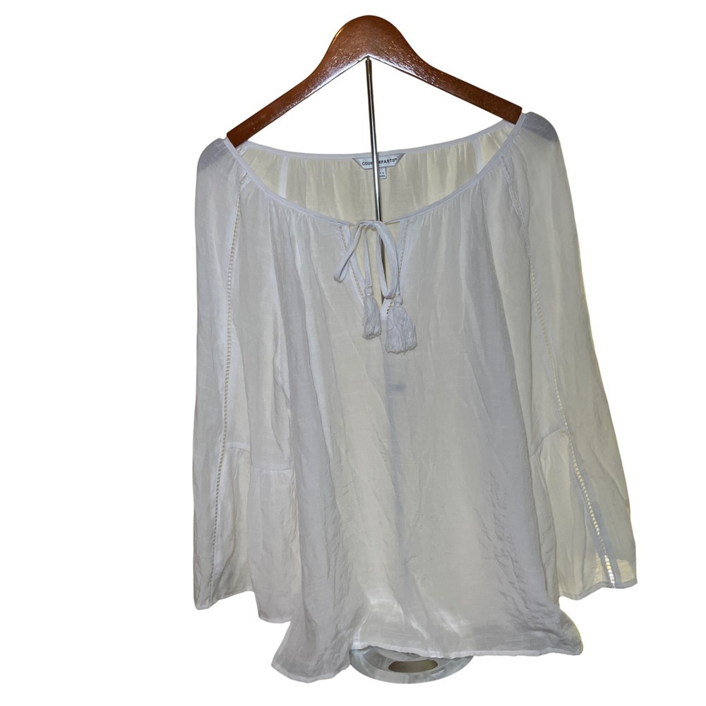 Counterparts Peasant Blouse Womens Large White  Boho Coastal Tassel Bell Sleeve